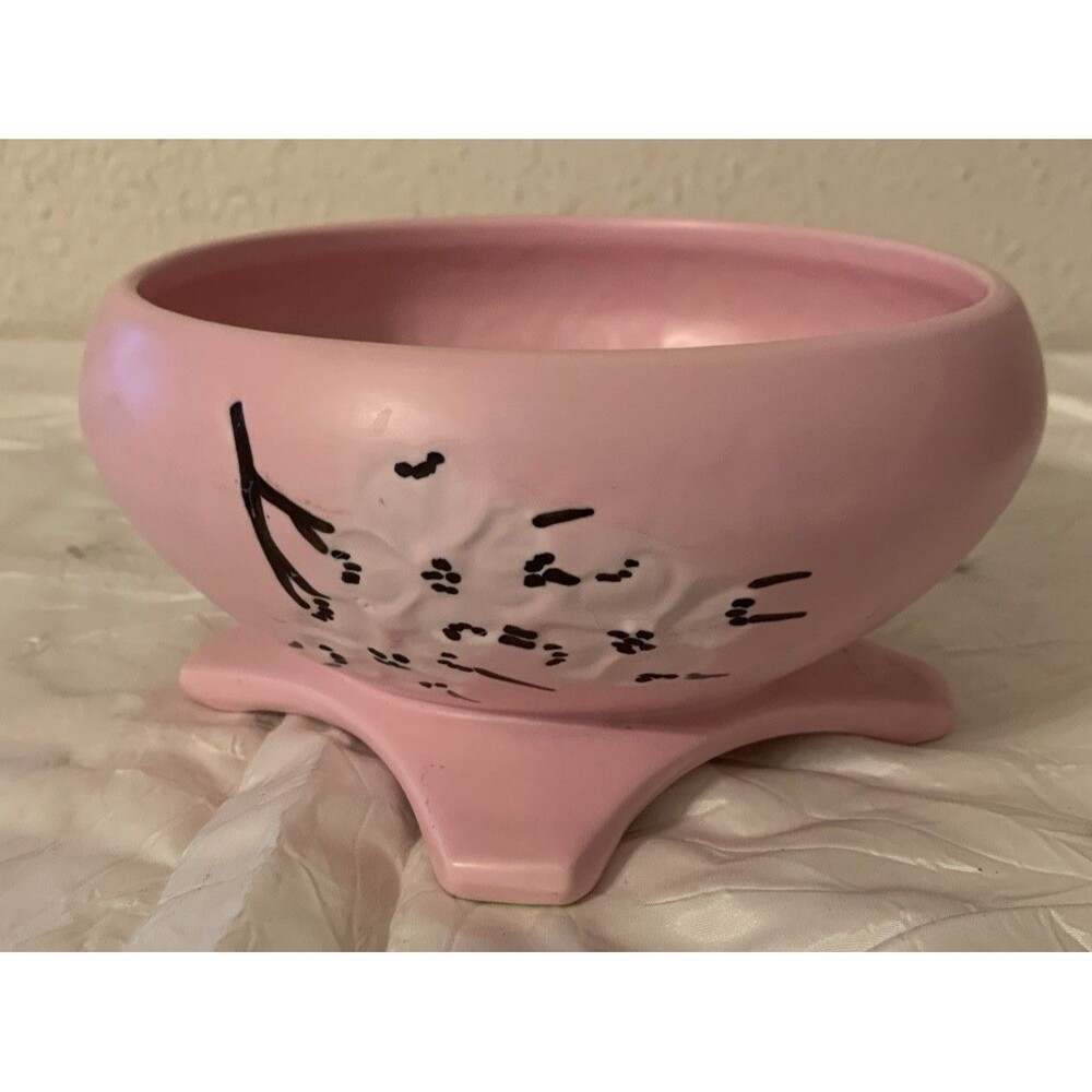 Vintage McCoy Springwood Dogwood Footed Planter Bowl MCM USA Matte Floral